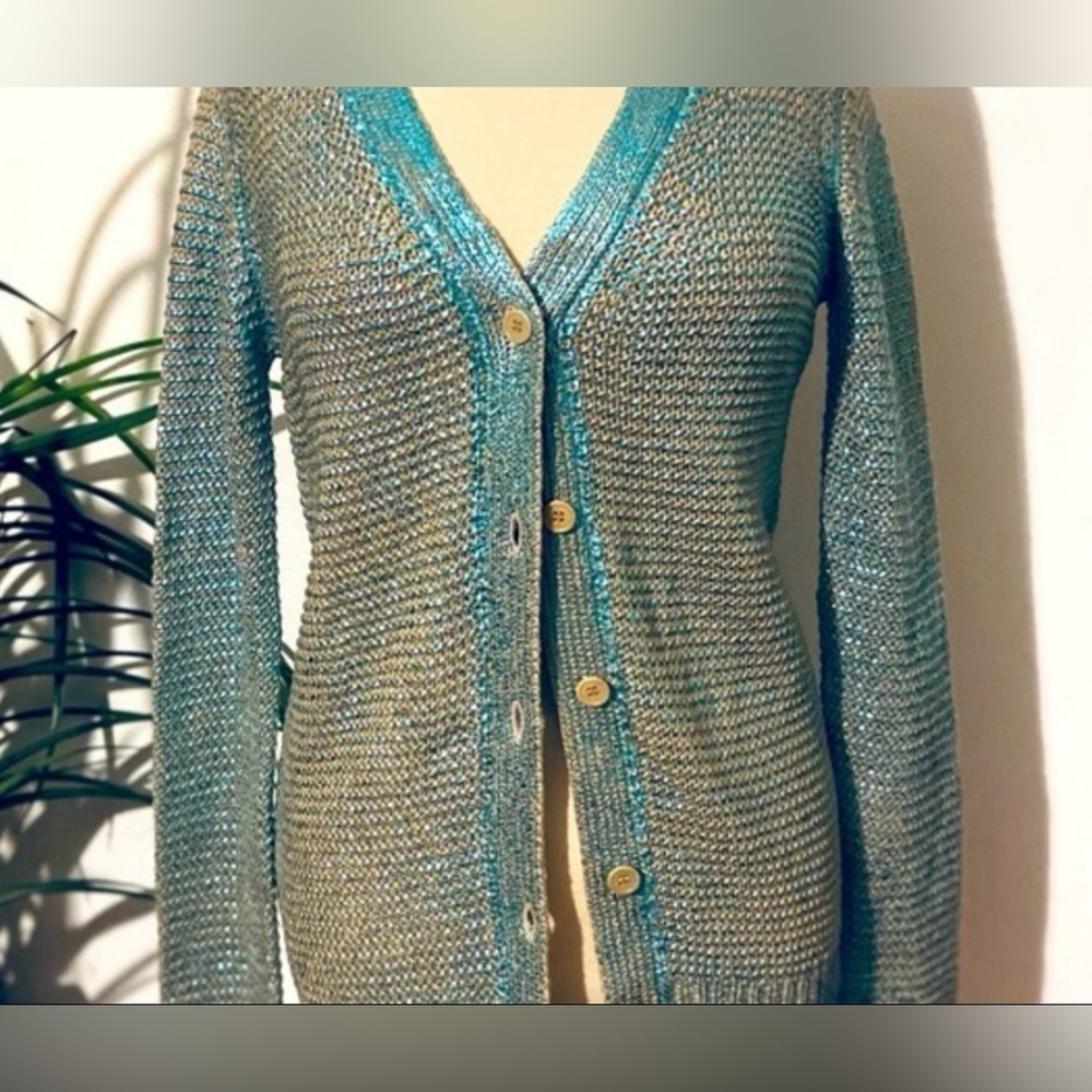 BCBGMaxAzria Metallic Teal Cardigan